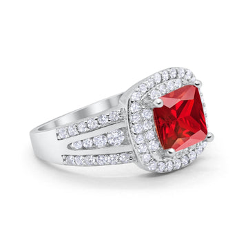 Halo Wedding Ring Princess Simulated Garnet CZ 925 Sterling Silver